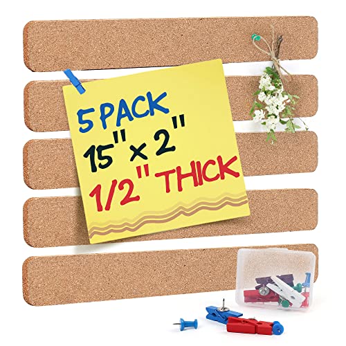 LotFancy Cork Board Strips 15” x 2”, Pack of 5, 1/2 in Thickness, Bulletin Bar Strips Bonus 15 Push Pins, Self-Adhesive Corkboard Strips for Office, Home