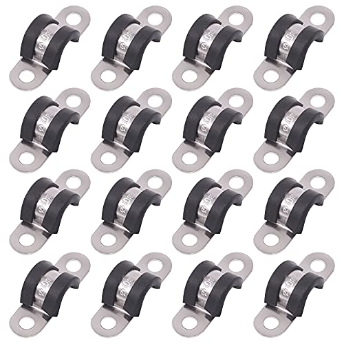 Glarks 16Pcs 10MM 2 Hole U-Tube Strap Clamp Set 304 Stainless Steel Rubber Cushion Rigid Pipe Strap U Bracket Tube Strap Assortment Kit For Pipe Tube Fixing (10mm)