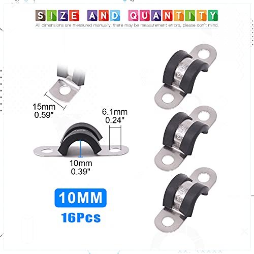 Glarks 16Pcs 10MM 2 Hole U-Tube Strap Clamp Set 304 Stainless Steel Rubber Cushion Rigid Pipe Strap U Bracket Tube Strap Assortment Kit For Pipe Tube Fixing (10mm)