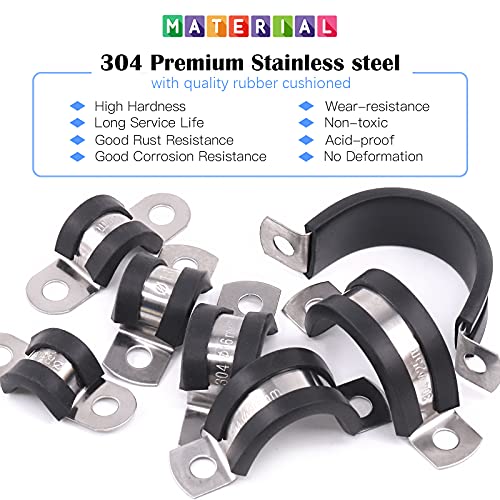 Glarks 16Pcs 10MM 2 Hole U-Tube Strap Clamp Set 304 Stainless Steel Rubber Cushion Rigid Pipe Strap U Bracket Tube Strap Assortment Kit For Pipe Tube Fixing (10mm)