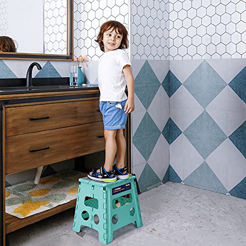 Flottian 13" Folding Step Stool for Adults and Kids Holds Up to 300 lbs,Non-Slip Folding Stools with Handle, Compact Plastic Foldable Step Stool for Bathroom,Bedroom, Kitchen,Teal,1PC