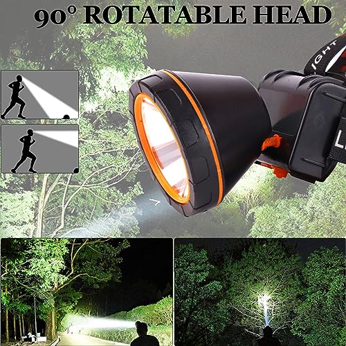 Aikertec LED Rechargeable Headlamp, 90000 High Lumen Super Bright Headlamp Flashlight, 2 Mode, Waterproof, 90°Angle Adjustable Headlamp Battery Powered for Outdoor Camping, Fishing, Hunting, Running