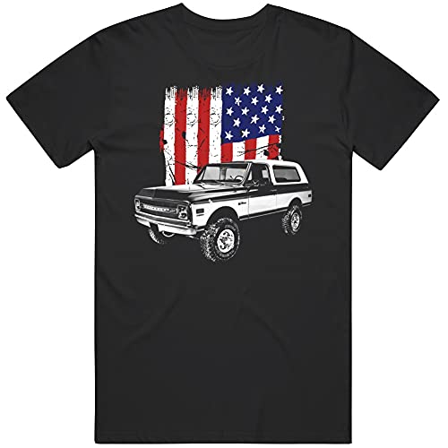 1970 Chevy K5 Blazer Front Three Quarter View with Us Flag T Shirt XL Black