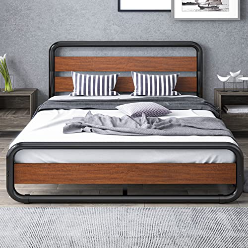 SHA CERLIN Full Size Metal Bed Frame with Wooden Headboard and Footboard, Heavy Duty Platform Frame with Under-Bed Storage, Noise Free, No Box Spring Needed, Walnut