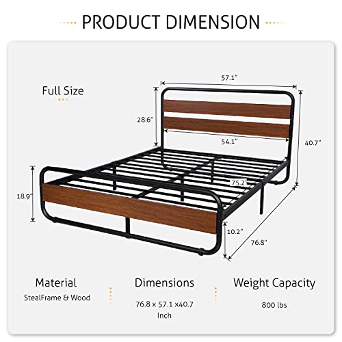 SHA CERLIN Full Size Metal Bed Frame with Wooden Headboard and Footboard, Heavy Duty Platform Frame with Under-Bed Storage, Noise Free, No Box Spring Needed, Walnut