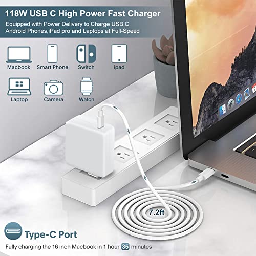 Mac Book Pro Charger - 118W USB C Charger Fast Charger Compatible with MacBook Pro/Air 16, 15, 14, 13 Inch, iPad Pro, Samsung Galaxy, and More USB-C Devices(7.2 ft Cable Included)..