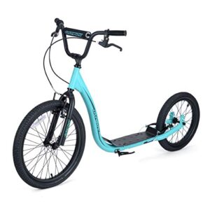 osprey adult youth bmx kick scooter | 20 x 16 inch big wheels, kids teen bicycle off road scooter with adjustable handlebars inflatable wheels and caliper brakes - blue