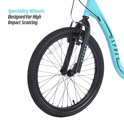 Osprey Adult Youth BMX Kick Scooter | 20 x 16 Inch Big Wheels, Kids Teen Bicycle Off Road Scooter with Adjustable Handlebars Inflatable Wheels and Caliper Brakes - Blue