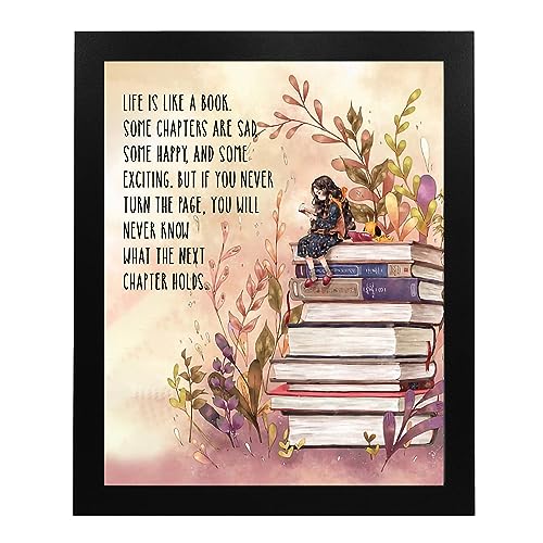 "Life Is Like A Book-Some Chapters Sad, Some Happy" Inspirational Wall Art -8 x 10" Floral Print w/Stacked Books Image-Ready to Frame. Home-Office-School-Library-Study Decor. Great Gift for Readers!