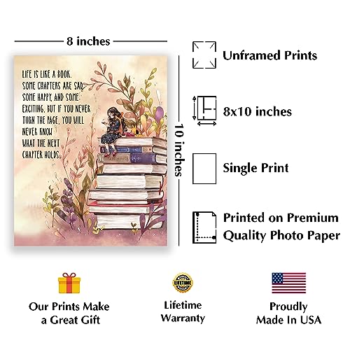 "Life Is Like A Book-Some Chapters Sad, Some Happy" Inspirational Wall Art -8 x 10" Floral Print w/Stacked Books Image-Ready to Frame. Home-Office-School-Library-Study Decor. Great Gift for Readers!