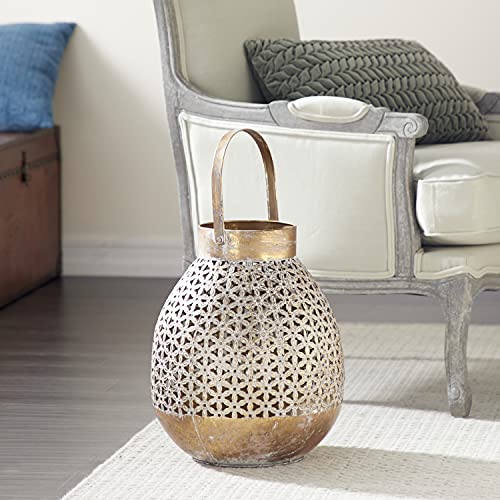 Deco 79 Metal Laser Cut Metal Candle Lantern with Moroccan Pattern, 13" x 14" x 16", Gold