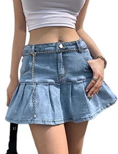 dqbeng womens jean skirt y2k high waist a-line ruffle pleated denim mini skirt (lightblue-s)