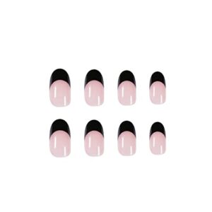 Kamize Fake Nails Medium Lenght French Press on Nails Almond Acrylic Full Cover Black False Nails for Women and Girls24PCS