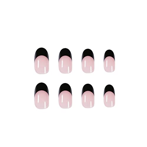 Kamize Fake Nails Medium Lenght French Press on Nails Almond Acrylic Full Cover Black False Nails for Women and Girls24PCS