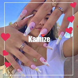 Kamize Fake Nails Medium Lenght French Press on Nails Almond Acrylic Full Cover Black False Nails for Women and Girls24PCS