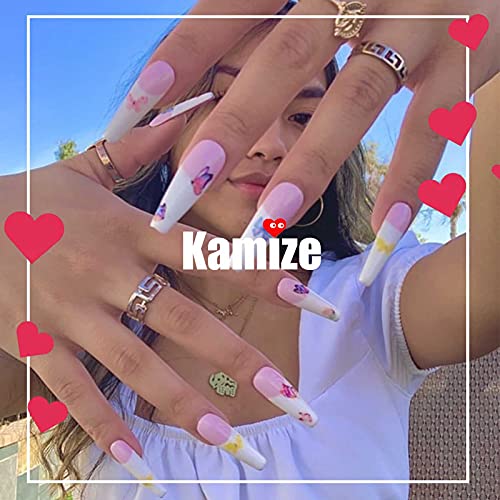 Kamize Fake Nails Medium Lenght French Press on Nails Almond Acrylic Full Cover Black False Nails for Women and Girls24PCS