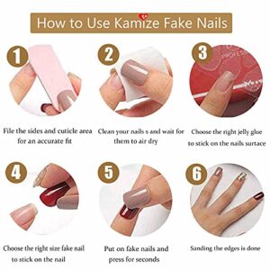 Kamize Fake Nails Medium Lenght French Press on Nails Almond Acrylic Full Cover Black False Nails for Women and Girls24PCS