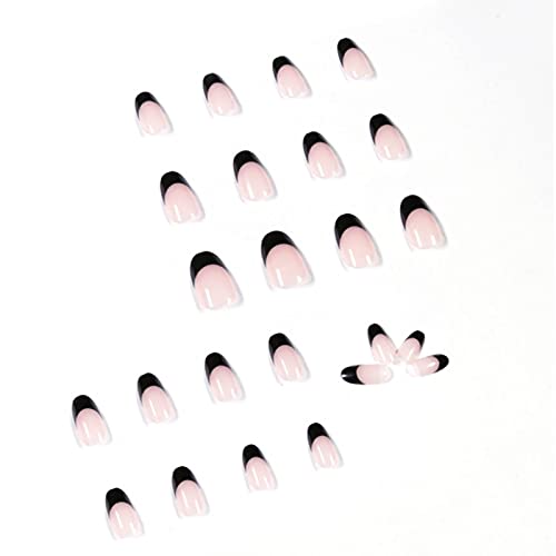 Kamize Fake Nails Medium Lenght French Press on Nails Almond Acrylic Full Cover Black False Nails for Women and Girls24PCS