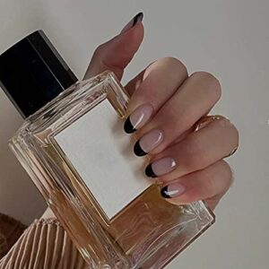 Kamize Fake Nails Medium Lenght French Press on Nails Almond Acrylic Full Cover Black False Nails for Women and Girls24PCS