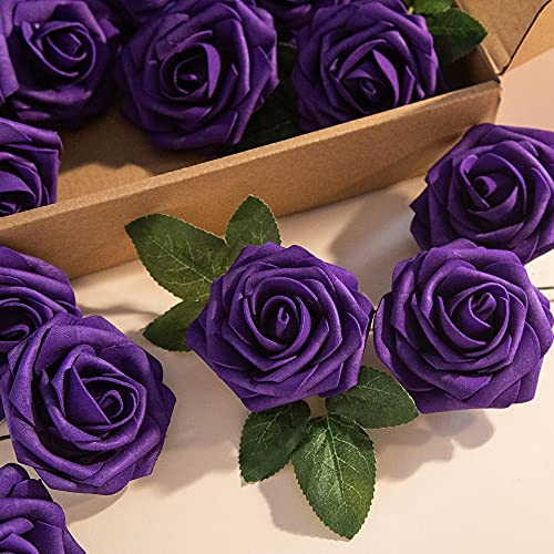 Lansdowns Artificial Flower Foam Rose 25pcs Real Looking Fake Rose with Stems Leaves for Home Decoration Party Garden Centerpieces DIY Wedding Bouquets（Purple）