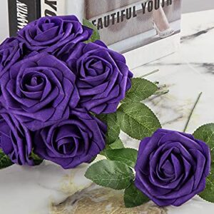 Lansdowns Artificial Flower Foam Rose 25pcs Real Looking Fake Rose with Stems Leaves for Home Decoration Party Garden Centerpieces DIY Wedding Bouquets（Purple）