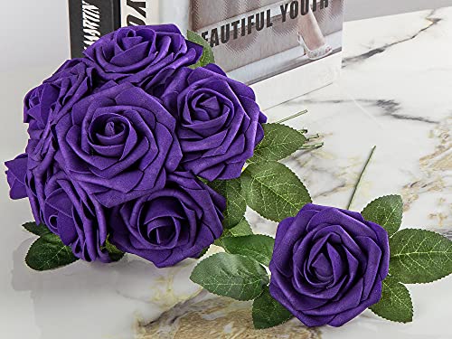 Lansdowns Artificial Flower Foam Rose 25pcs Real Looking Fake Rose with Stems Leaves for Home Decoration Party Garden Centerpieces DIY Wedding Bouquets（Purple）