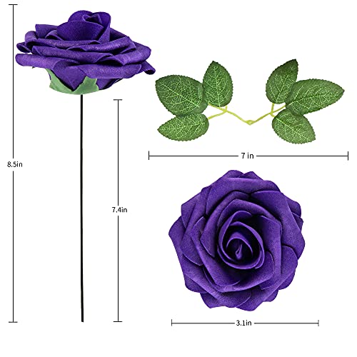 Lansdowns Artificial Flower Foam Rose 25pcs Real Looking Fake Rose with Stems Leaves for Home Decoration Party Garden Centerpieces DIY Wedding Bouquets（Purple）