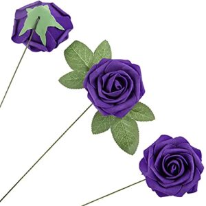 Lansdowns Artificial Flower Foam Rose 25pcs Real Looking Fake Rose with Stems Leaves for Home Decoration Party Garden Centerpieces DIY Wedding Bouquets（Purple）