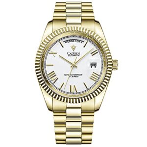 CADISEN Men Automatic Watch Sapphire Luxury Mechanical Wristwatch Stainless Steel Waterproof Watch Men MIYOTA8285 (Golden White Noodles)