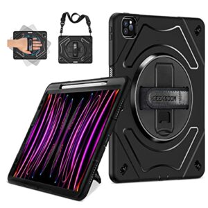 geeksdom stock case compatible with ipad pro 12.9 inch, heavy duty military grade drop tested shockproof full body protection with kickstand & strap case for ipad pro 6th gen 12.9 2022/2021/2020
