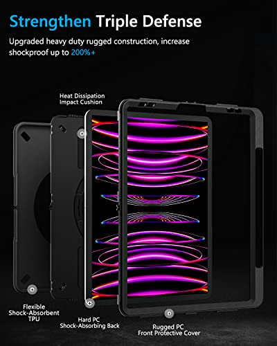 GEEKSDOM STOCK Case Compatible with iPad Pro 12.9 Inch, Heavy Duty Military Grade Drop Tested Shockproof Full Body Protection with Kickstand & Strap Case for iPad Pro 6th Gen 12.9 2022/2021/2020