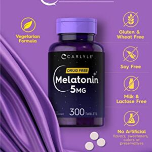 Carlyle Melatonin 5mg | 300 Tablets | Drug Free Supplement | Vegetarian, Non-GMO, Gluten Free