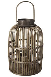 urban trends collection 55086 bamboo round lantern with top handle, vertical lattice design body & glass candle holder varnished, brown - large