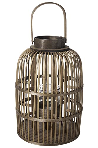 Urban Trends Collection 55086 Bamboo Round Lantern with Top Handle, Vertical Lattice Design Body & Glass Candle Holder Varnished, Brown - Large