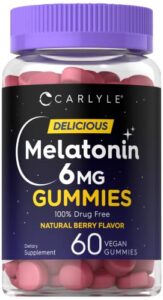 carlyle melatonin gummies 6mg | 60 count | adult drug free aid | natural berry flavor | vegan, non-gmo, gluten free