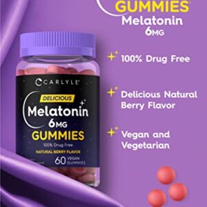 Carlyle Melatonin Gummies 6mg | 60 Count | Adult Drug Free Aid | Natural Berry Flavor | Vegan, Non-GMO, Gluten Free