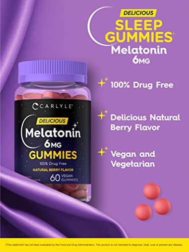 Carlyle Melatonin Gummies 6mg | 60 Count | Adult Drug Free Aid | Natural Berry Flavor | Vegan, Non-GMO, Gluten Free