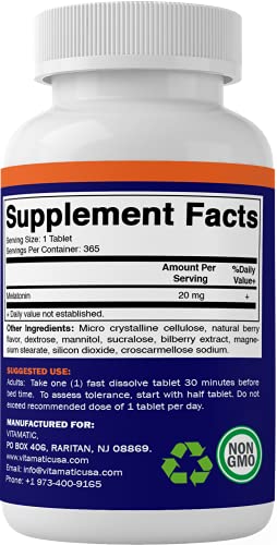 Vitamatic Melatonin 20mg Tablets | Vegetarian, Non-GMO, Gluten Free | 1 Year Supply | Natural Berry Flavor - 365 Tablets