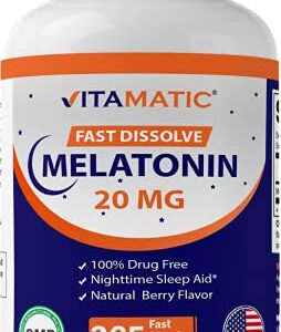 Vitamatic Melatonin 20mg Tablets | Vegetarian, Non-GMO, Gluten Free | 1 Year Supply | Natural Berry Flavor - 365 Tablets