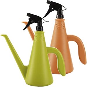 zeayea 2 pack watering can with sprayer, 1 l long spout watering pot, dual purpose spray bottle for house plant outdoor garden flower, green and brown