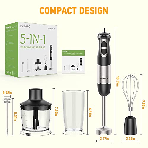 FUNAVO Hand Blender, 800W 5-in-1 Immersion Hand Blender, 12-Speed Multi-function Stick Blender with 500ml Chopping Bowl, Whisk, 600ml Mixing Beaker, Milk Frother Attachments, BPA-Free