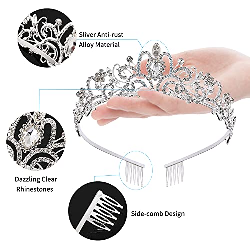 Princess Crown for Women, Crystal Queen Tiaras for Girls Bridal Hair Accessories Gifts for Birthday Wedding Prom, Bridal Party, Pageant, Halloween Christmas Costume - Silver (1 Pcs)