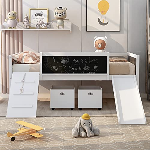 Harper & Bright Designs Kids Loft Bed with Slide and Double-Sided Chalkboard, Wooden Low Loft Bed Frame with 2 Storage Boxes, Twin Loft Bed for Boys & Girls (New, White)