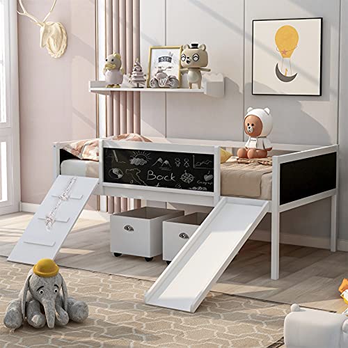 Harper & Bright Designs Kids Loft Bed with Slide and Double-Sided Chalkboard, Wooden Low Loft Bed Frame with 2 Storage Boxes, Twin Loft Bed for Boys & Girls (New, White)
