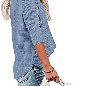 Fronage Womens Waffle Knit Tunic Tops V Neck Long Sleeve Casual Loose Pullover Blouses Shirts (Blue, Medium)