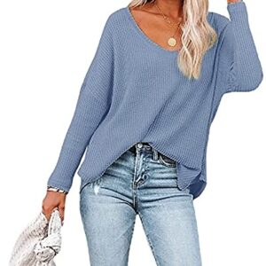 Fronage Womens Waffle Knit Tunic Tops V Neck Long Sleeve Casual Loose Pullover Blouses Shirts (Blue, Medium)