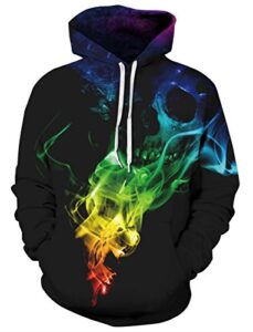 raisevern mens skeleton hoodie halloween long sleeve fleece skull graphic hoodie funny hooded sweatshirt women cool novelty 3d printed colorful smoke unisex drawstring pullover hoodies with pockets