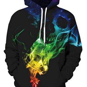 RAISEVERN Mens Skeleton Hoodie Halloween Long Sleeve Fleece Skull Graphic Hoodie Funny Hooded Sweatshirt Women Cool Novelty 3D Printed Colorful Smoke Unisex Drawstring Pullover Hoodies with Pockets