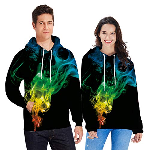 RAISEVERN Mens Skeleton Hoodie Halloween Long Sleeve Fleece Skull Graphic Hoodie Funny Hooded Sweatshirt Women Cool Novelty 3D Printed Colorful Smoke Unisex Drawstring Pullover Hoodies with Pockets