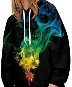 RAISEVERN Mens Skeleton Hoodie Halloween Long Sleeve Fleece Skull Graphic Hoodie Funny Hooded Sweatshirt Women Cool Novelty 3D Printed Colorful Smoke Unisex Drawstring Pullover Hoodies with Pockets